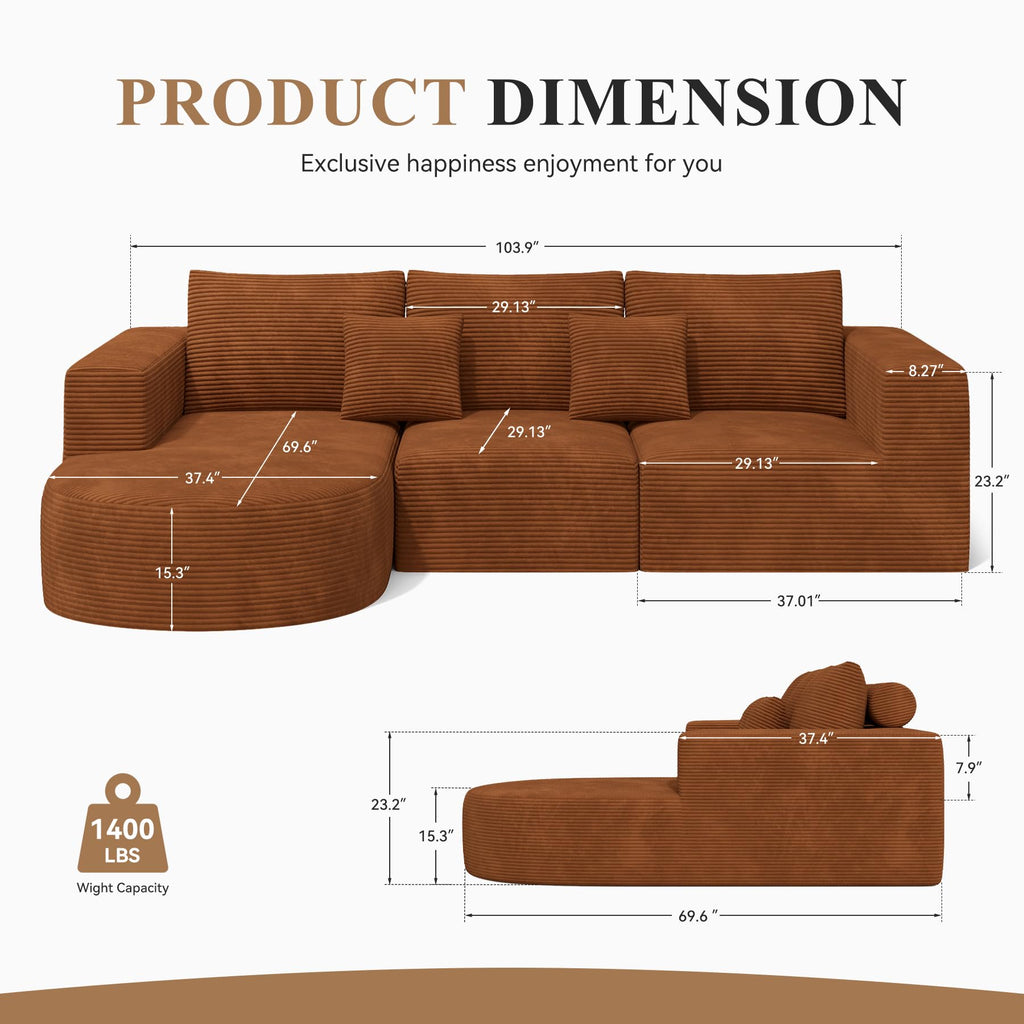 L-Shaped Boneless Couch, 104" Couches with Curved Chaise, Modular Sectional with Deep Seat, Modern Cozy Cloud