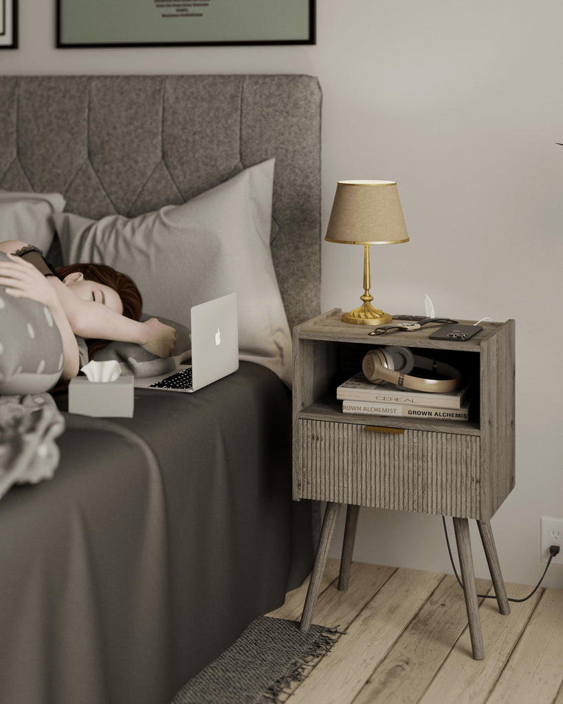 Nightstand with Outlet, Modern Bedside Table with Storage Drawer and Open Wood Shelf, and Small Spaces, Accent Night