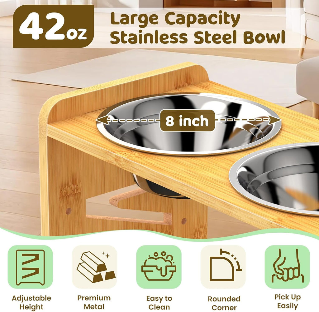Elevated Dog Bowls, Adjustable Raised Dog Bowl Stand for Medium and Small Dog, 11" High Bamboo Pet Food Feeder with 2