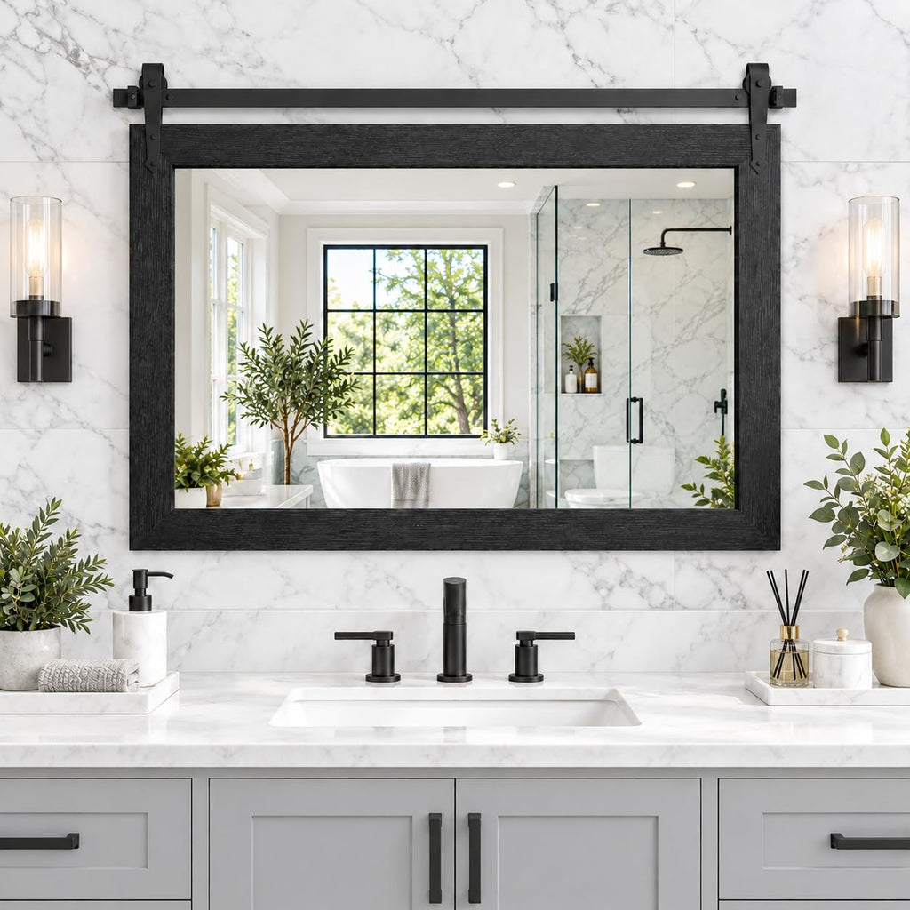 Farmhouse Mirror 42"x28" Black Rustic Mirror for Wall Vanity Mirrors Barn Door Style Decor Bathroom Living Room