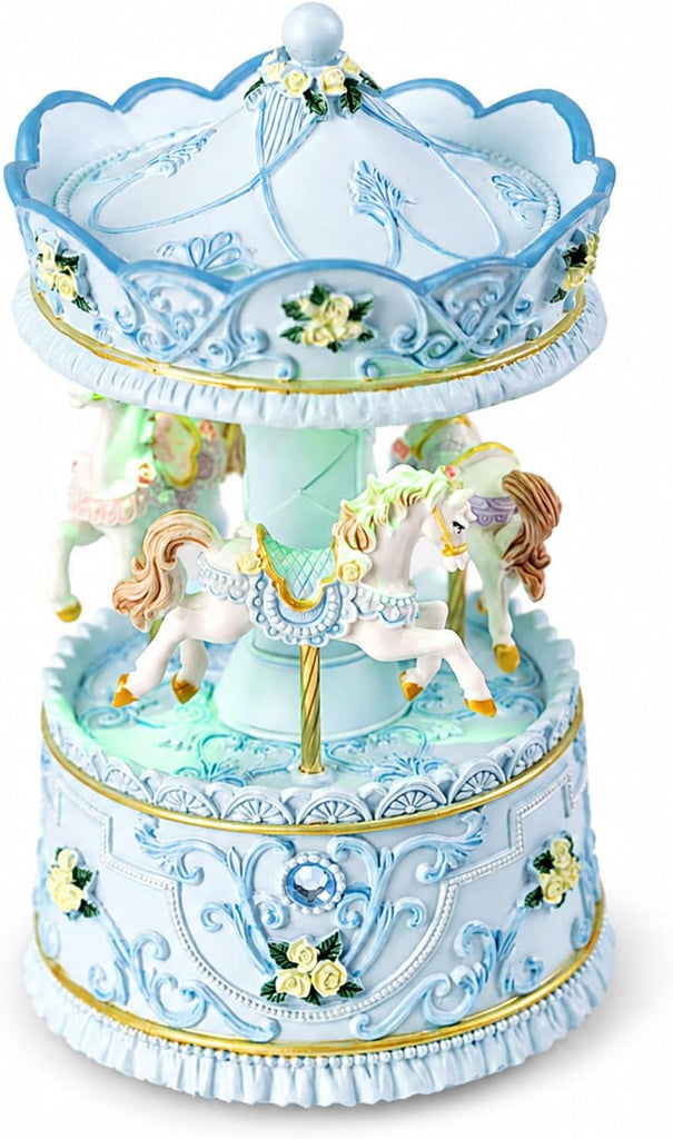 Lighted Rotating Carousel Music Box, Wind Up Musical Merry-Go-Round Figurine, Hand Painted Vintage Blue Collectible