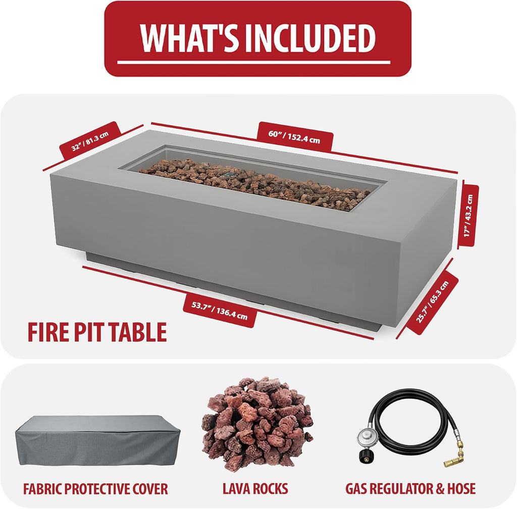 AMS 60" Rectangular Concrete GFRC Propane Gas Fire Pit Table (Light Gray) | (Madison) Smooth Texture Fire Pit Table