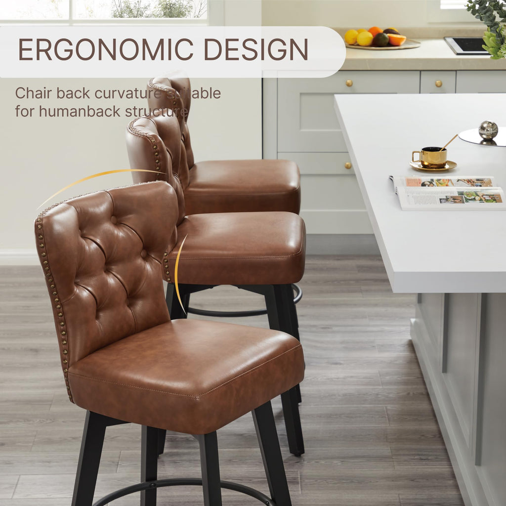 Counter Height Barstools 26 inch Upholstered Button Tufted Swivel Bar Stools with Back Island, Set of 2, Brown PU