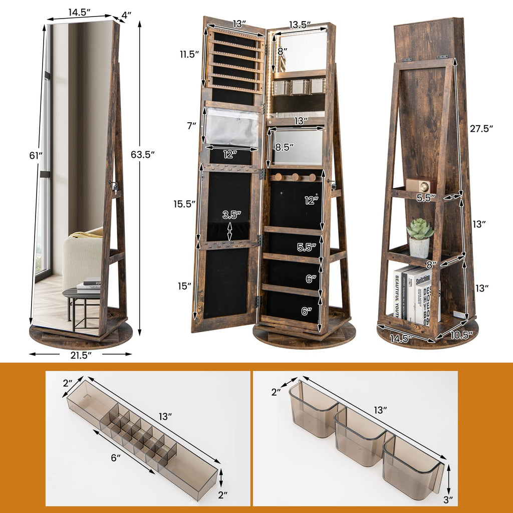 360° Swivel Jewelry Cabinet, Lockable Jewelry Organizer (Rustic Brown)