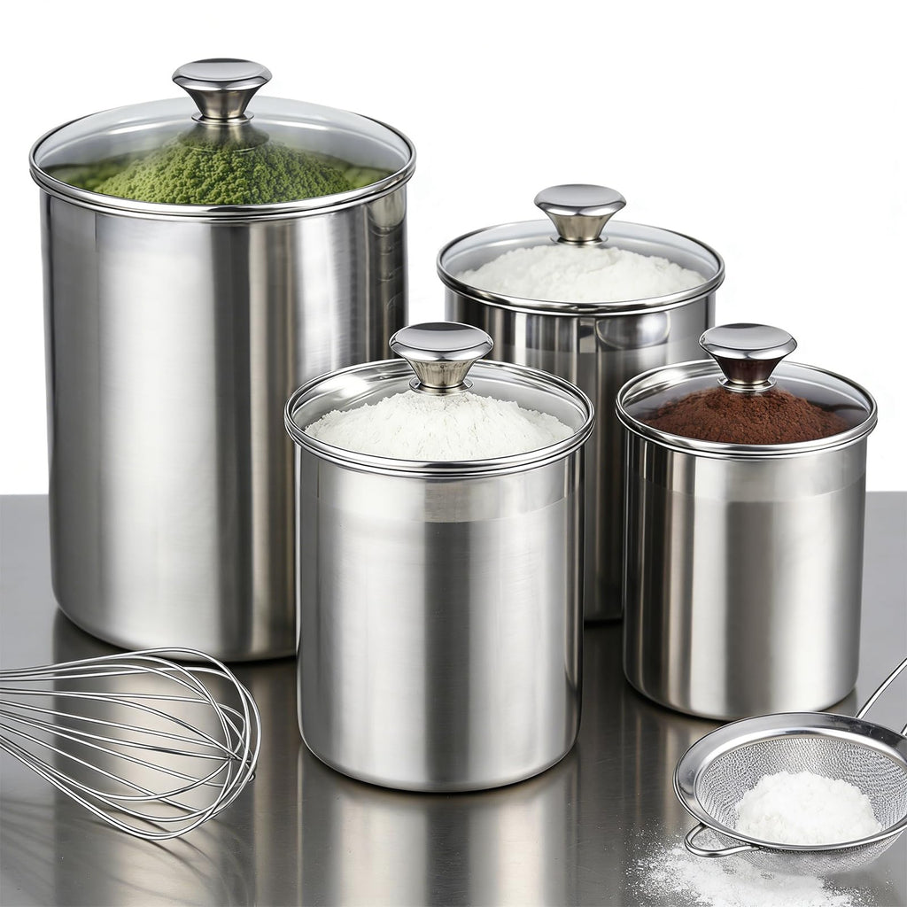 Stainless Steel Food Canister Set 4-Piece, Airtight Kitchen Storage Containers with Lids, Metal Canisters for Flour