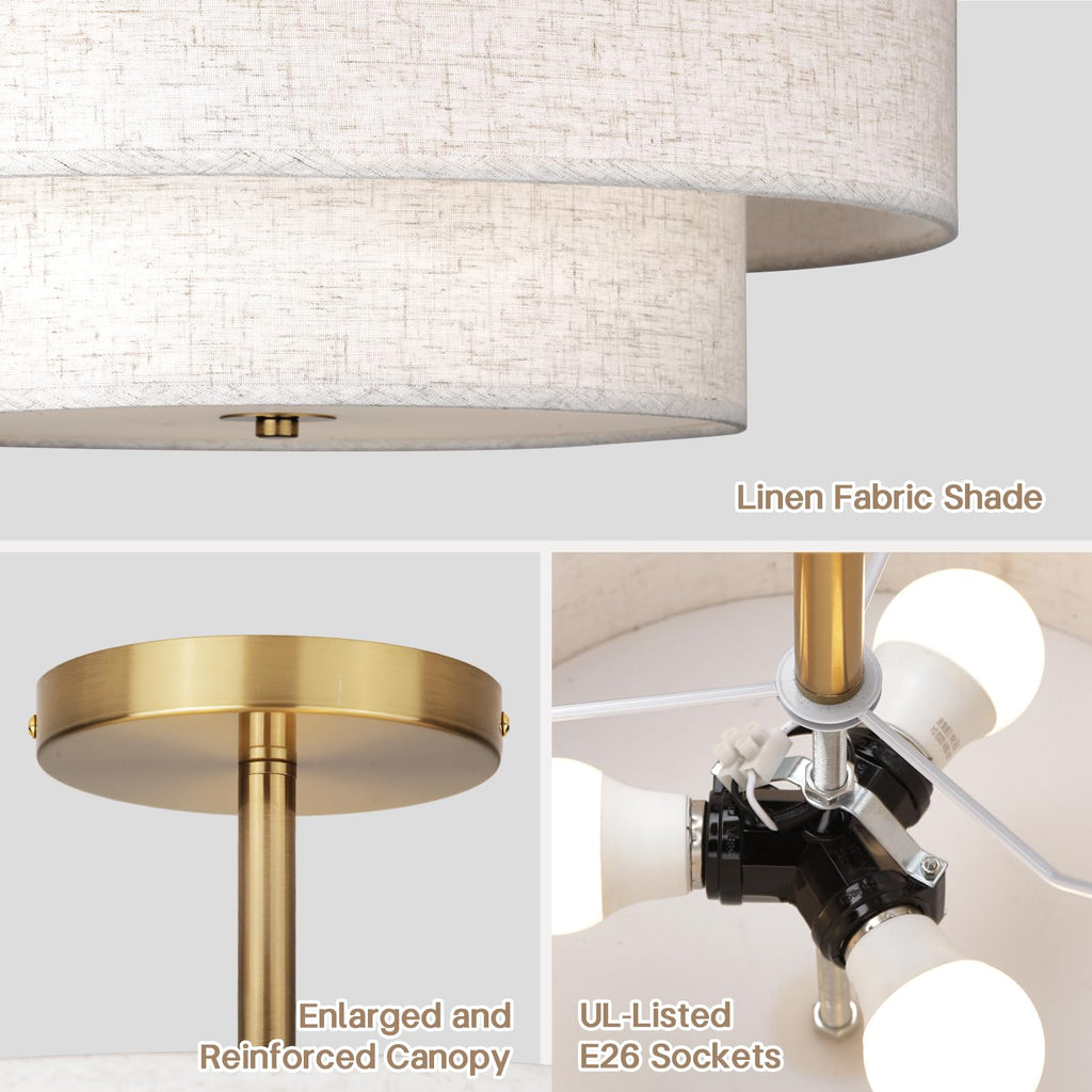 18 Inch Large Semi Flush Mount Ceiling Light Fixture with Dual Drum Design, Gold Farmhouse Fabric Linen Shade, and