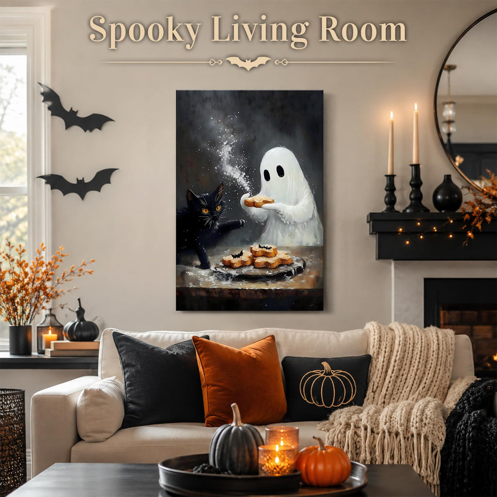 Framed Halloween Canvas Wall Art Adorable Ghost and Black Cat Baking Treats, Cozy Vintage Farmhouse Artwork, Canvas