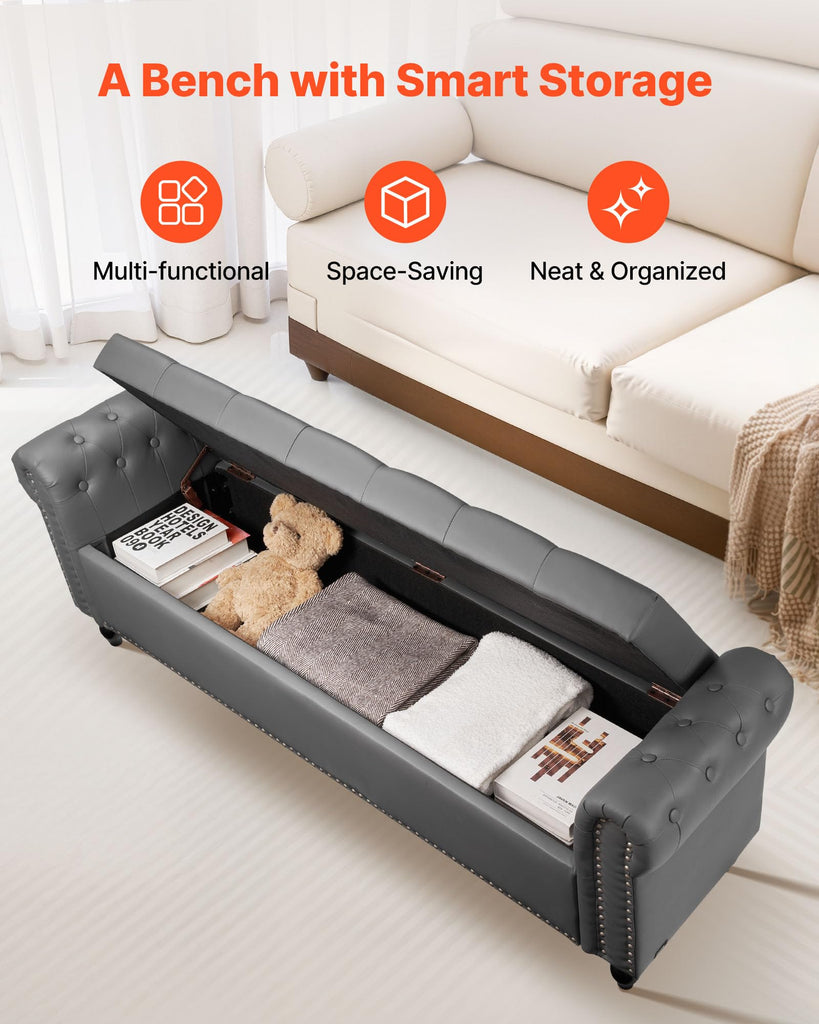 Button-Tufted Storage Ottoman Bench, Rolled Arm PU Leather Bench with Solid Wood Legs, Modern Shoe Benches Seat
