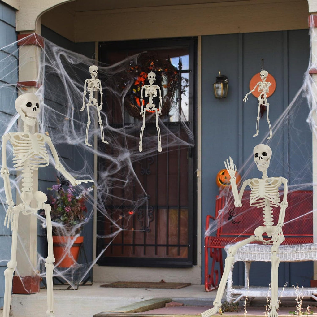 Halloween Skeleton Decorations, 2 Pack 36" Full Body Joints Posable Skeleton with 3 Pack 16" Hanging Skeleton, Creepy - Set of 2