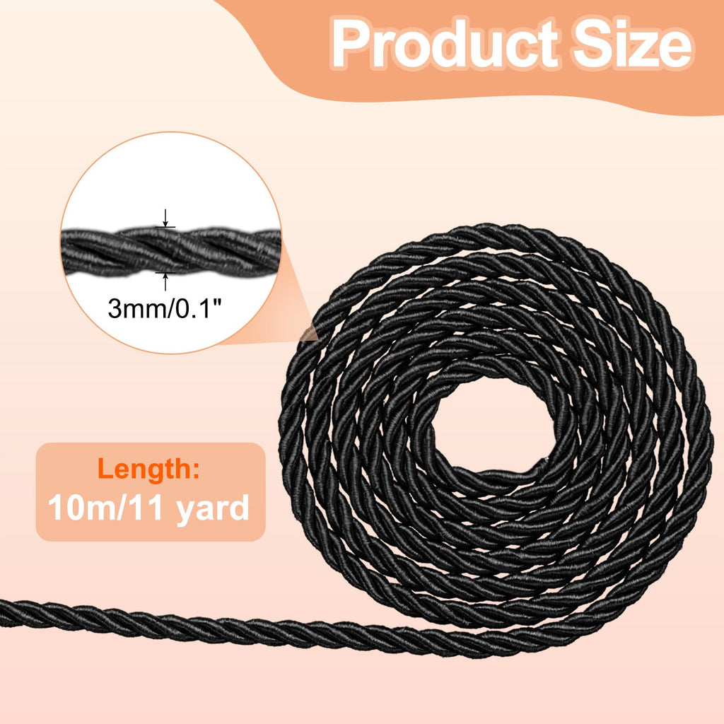 Twisted Cord Trim, 3mm/11 Yard Trim Cord Rope 3-Ply Polyester Silk Twine Braided Rope Decor Graduation, Black