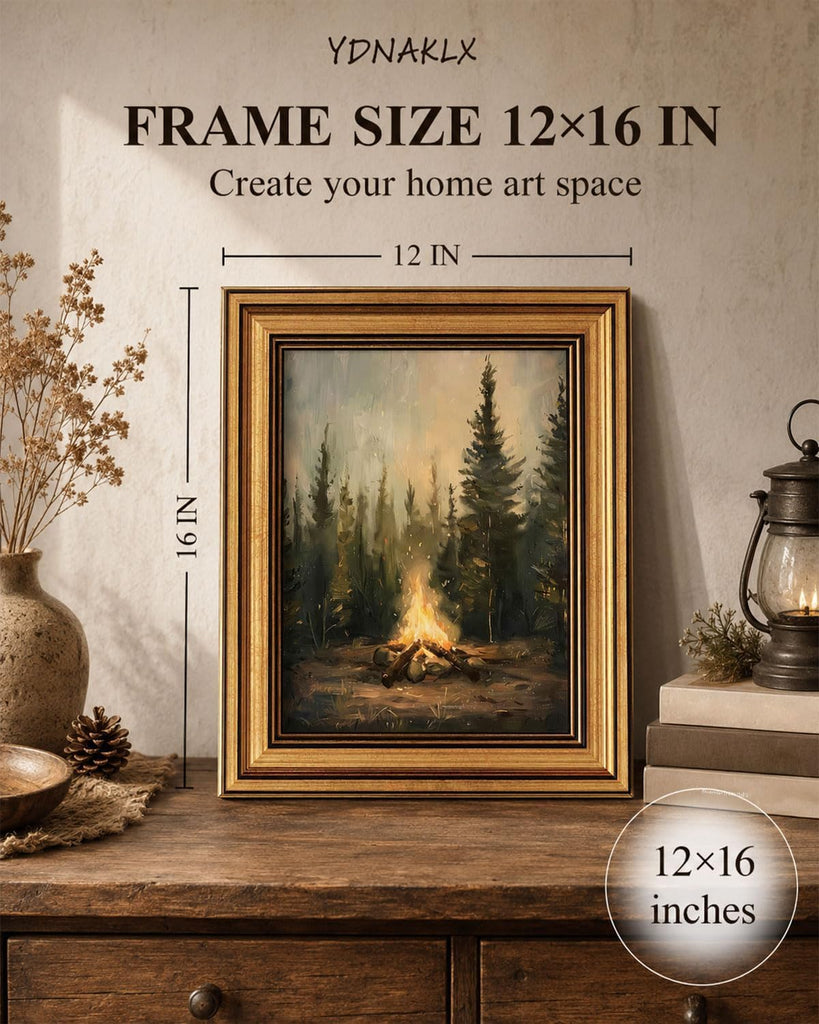 Gold Framed Wall Art, Rustic Campfire Canvas Prints, Vintage Forest Camping Cabin Picture Wall Decor, Dark Academia