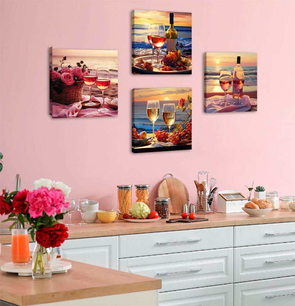 Kitchen Wall Art Wine Glass Canvas Prints 12"X12"X4 Panels