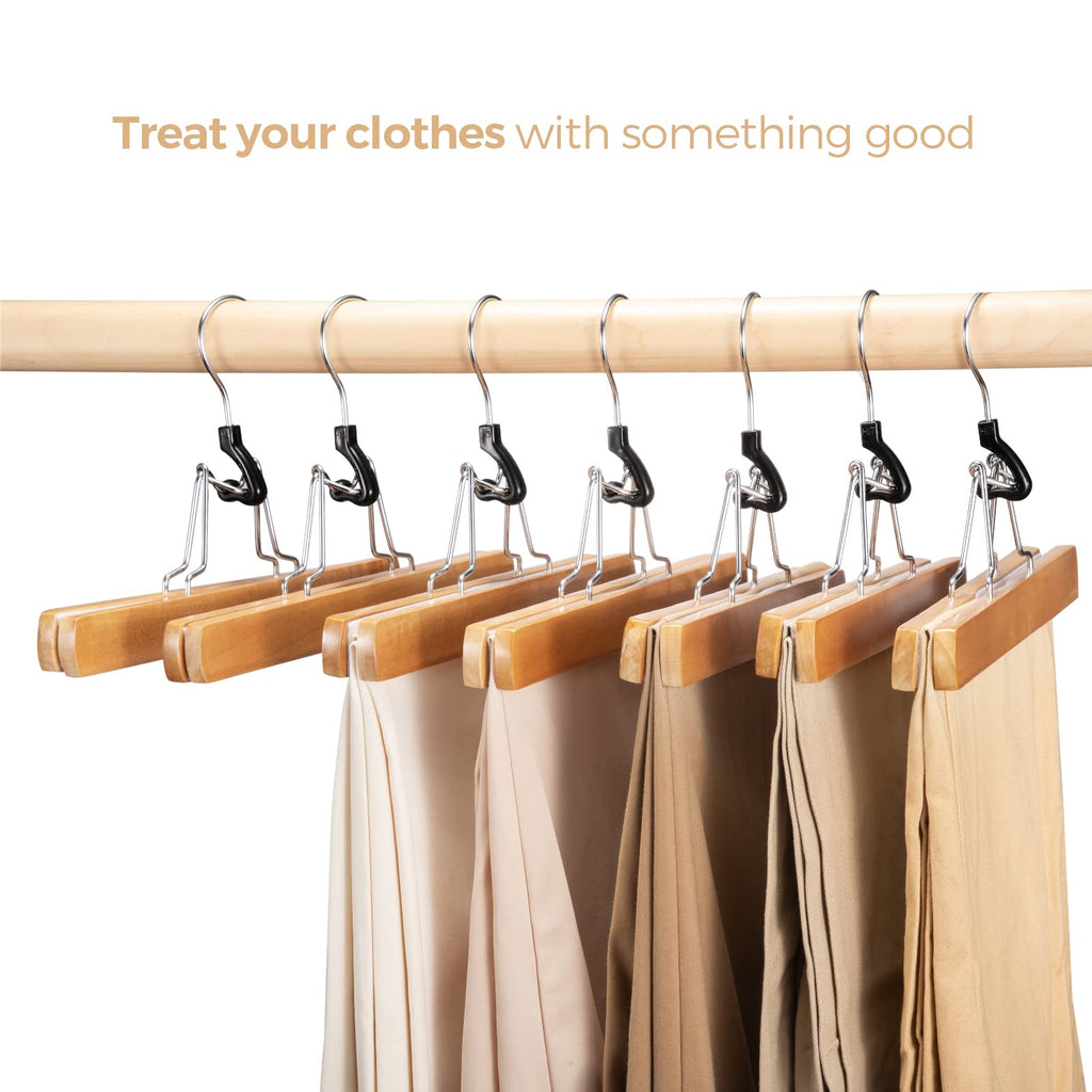 Wooden Pants & Skirt Hangers with Adjustable Clips, Natural (Natural Wood, Pack of 20)