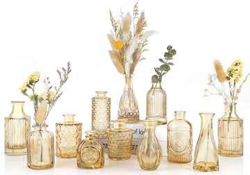 Amber Gold Glass Bud Vases Set of 12, Small Vases for Flowers