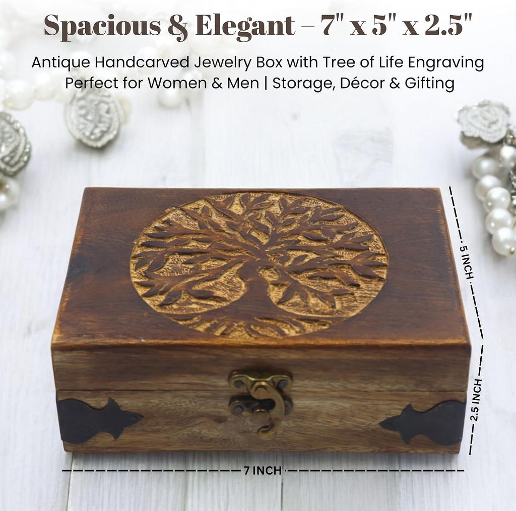 Handmade Wooden Jewelry Box with Tree of Life Engraving - Antique Handcarved Keepsake Organizer for Women & Men