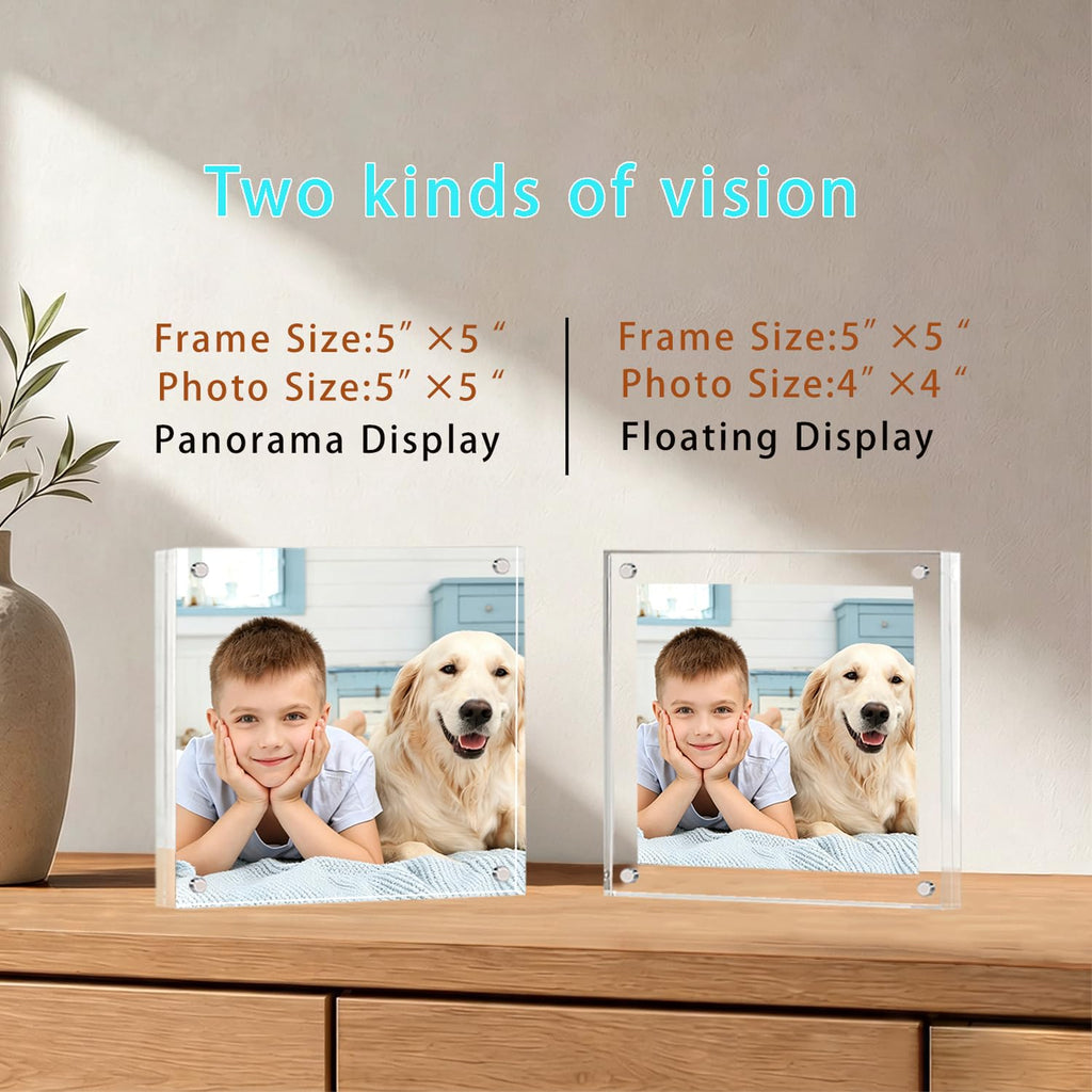 Acrylic 5x5 Picture Frame 2 Pack Clear Two Sided Desk Photo Frame Magnetic Frame Inner Size 4x4 with Gift Pack for