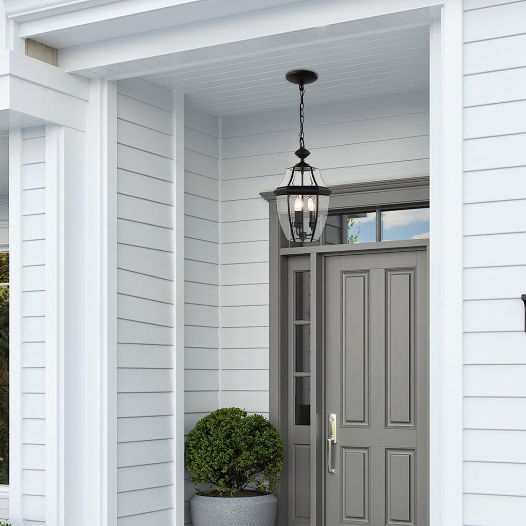 Large Outdoor Pendant Light Fixture 3-Light, 20in Modern Black Outdoor Chandelier Hanging Porch Light