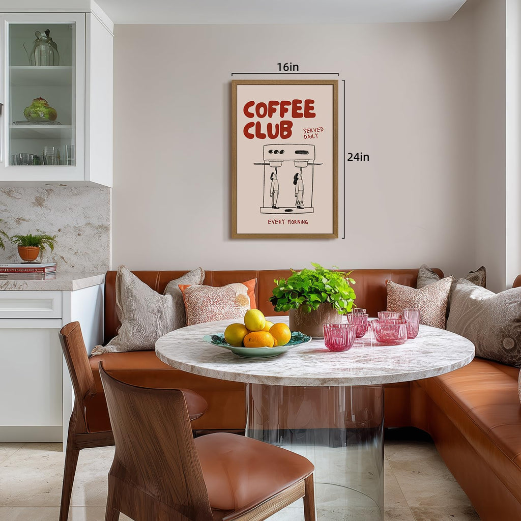 Wood Framed Funny Coffee Wall Art, Coffee Club Kitchen Wall Decor, Minimalist Line Drawing Coffee Bar Poster Print