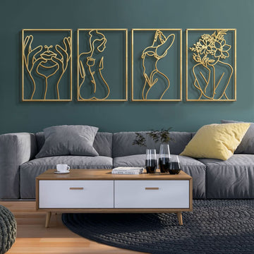4 Pack Gold Wall Art Decor, Minimalist Single Line Real Metal Wall Art, Woman's Body Shape Abstract Wall Art (Gold