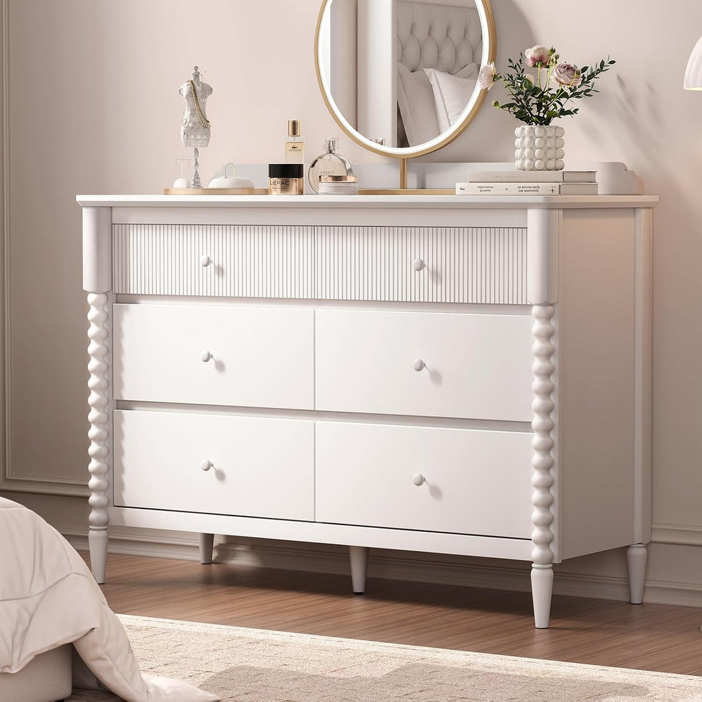White Nursery Dresser for Kids Bedroom, 6 Drawers for Storage | Jenny Lind Spindle Legs Dresser, Baby Clothes