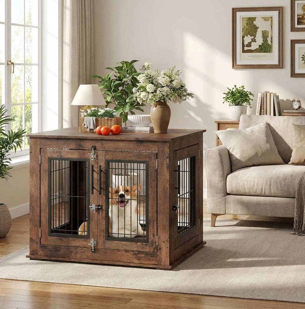 Medium Dog Crate Furniture Dual-Door, Wooden Dog Cage for Indoor Use, Dog Kennel for Small Medium Dogs