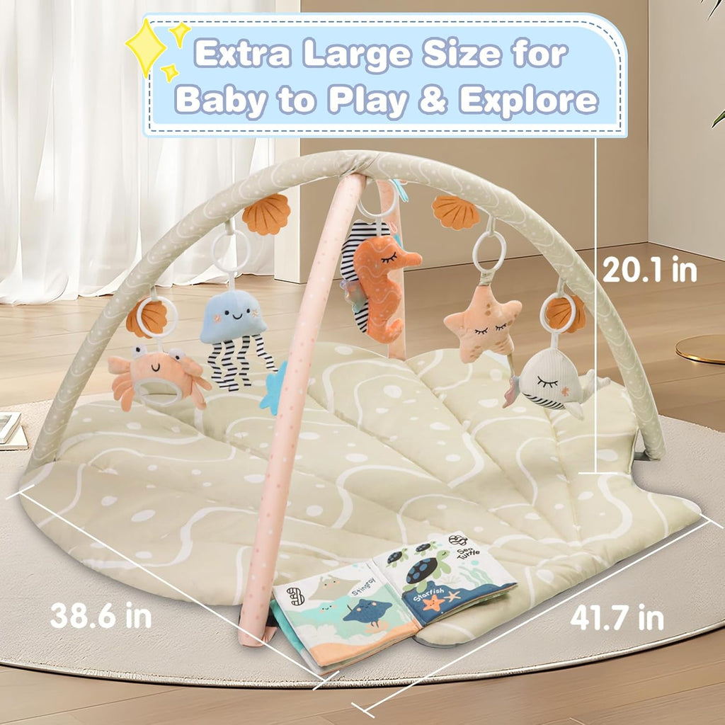 Play Mat, Oversize Shell Tummy Time Mat with 6 Detachable Baby Activity Toys, Baby Gyms & Playmats for Babies 0-12