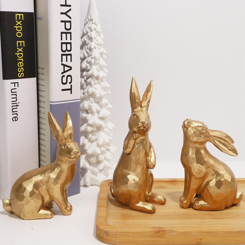 Easter Bunny Figurines Decor, Mini Resin Golden Bunnies Spring Sculpture Tabletop Ornament, Rabbits Festival - Set of 3