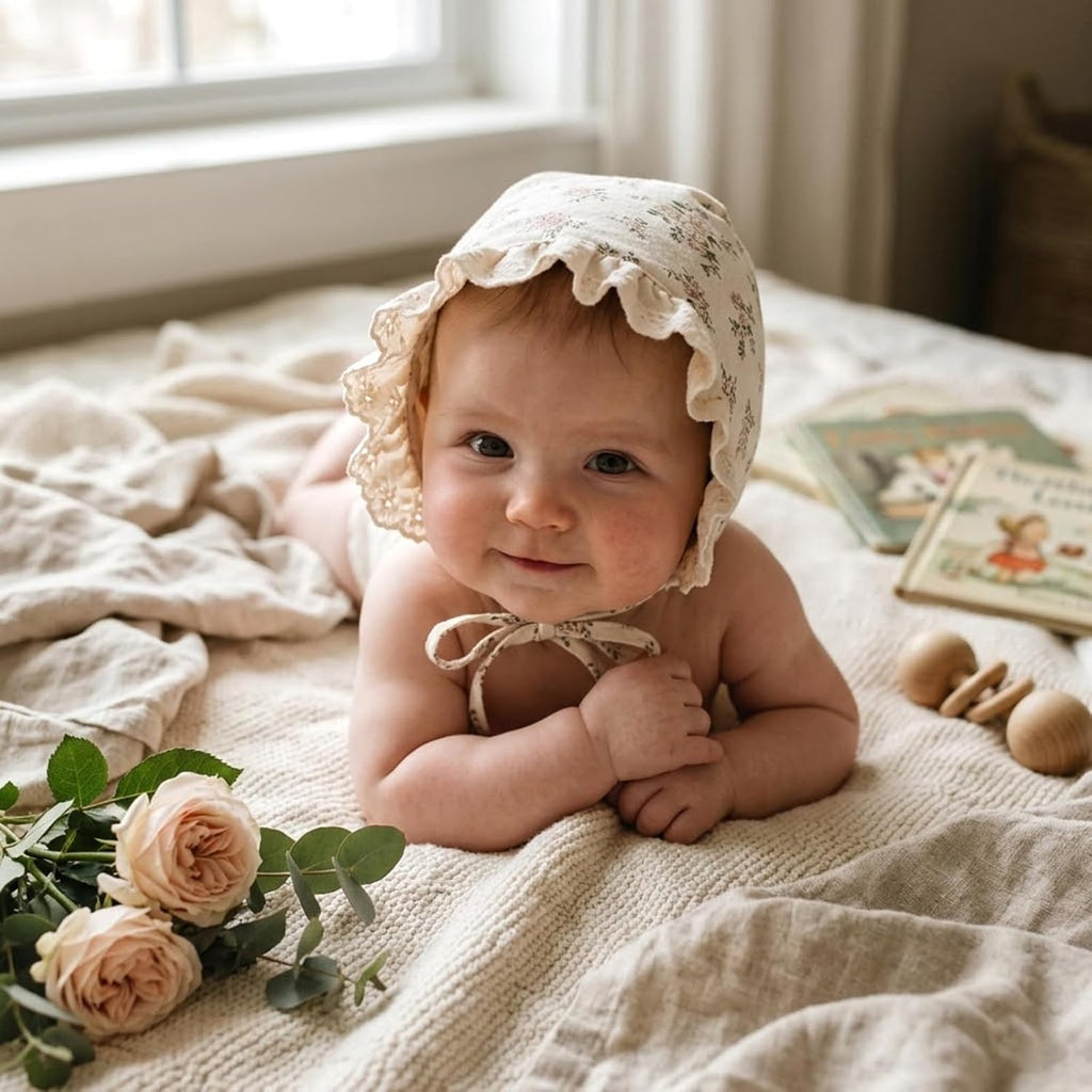 Baby Girls Printed Cotton Bonnet Infant Vintage Flower Lace Sun Protection Hat