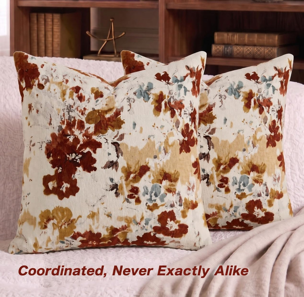 Vintage Floral Throw Pillow Covers, Reversible, 20x20, Rustic Terracotta