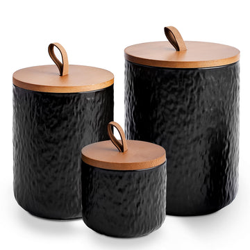 Black Stone Ceramic Canister with Bamboo Lid, 3-Piece Airtight Jars