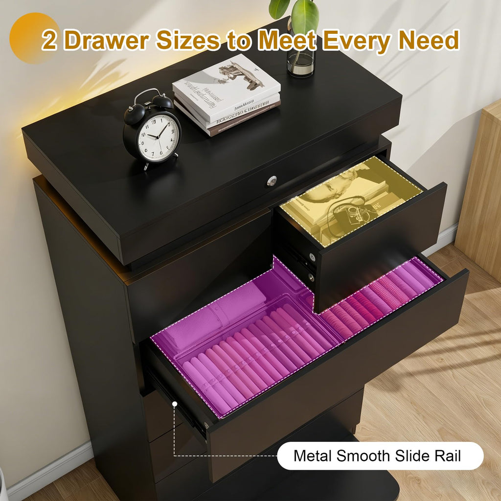 48" Tall Black Dresser 6 Drawer with LED Lights & Charging Station