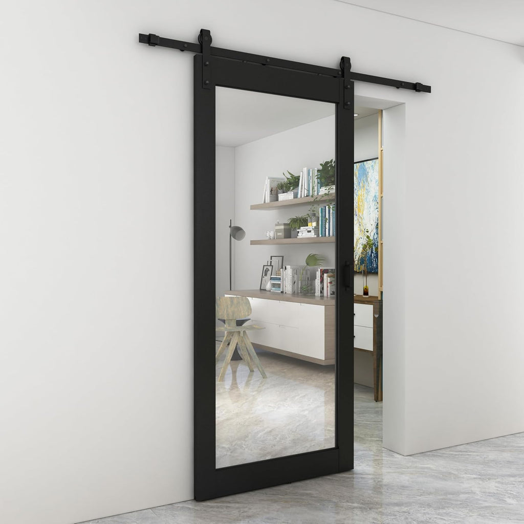36 in. x 84 in. Mirrored Glass Black MDF Interior Sliding Barn Door with Hardware Kit and Door Handl