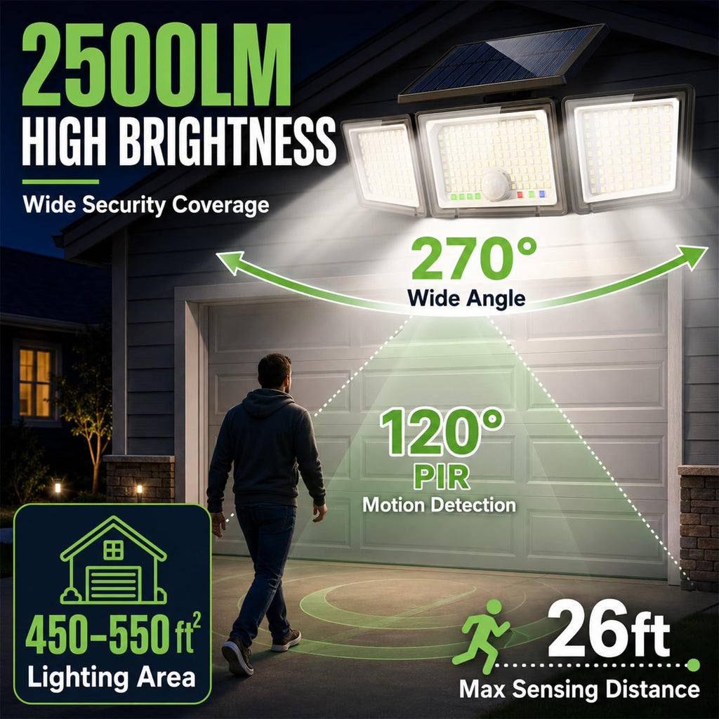 Solar Outdoor Lights Motion Sensor, 286 LED Security Flood Lights with Visual Battery & Mode Display, 3