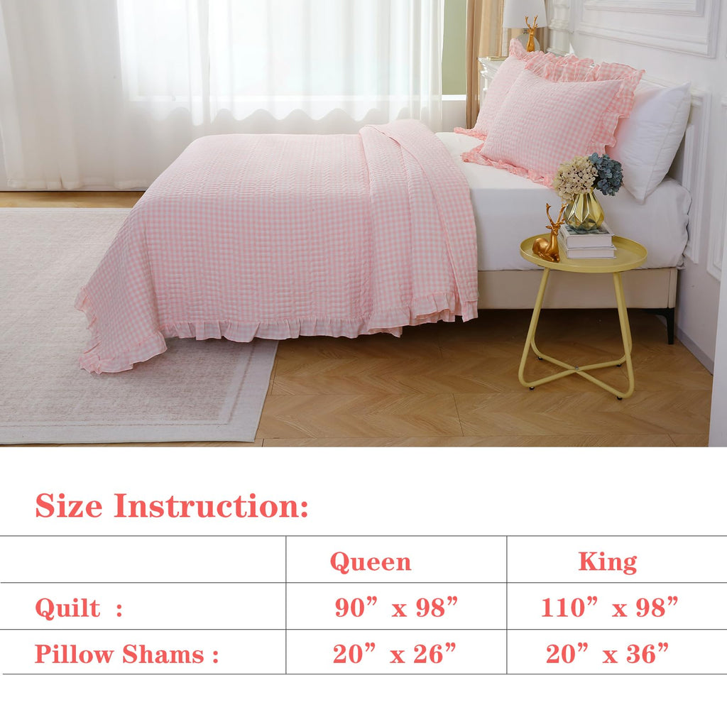 Blush White Ruffle Gingham Quilted Bedspread Set