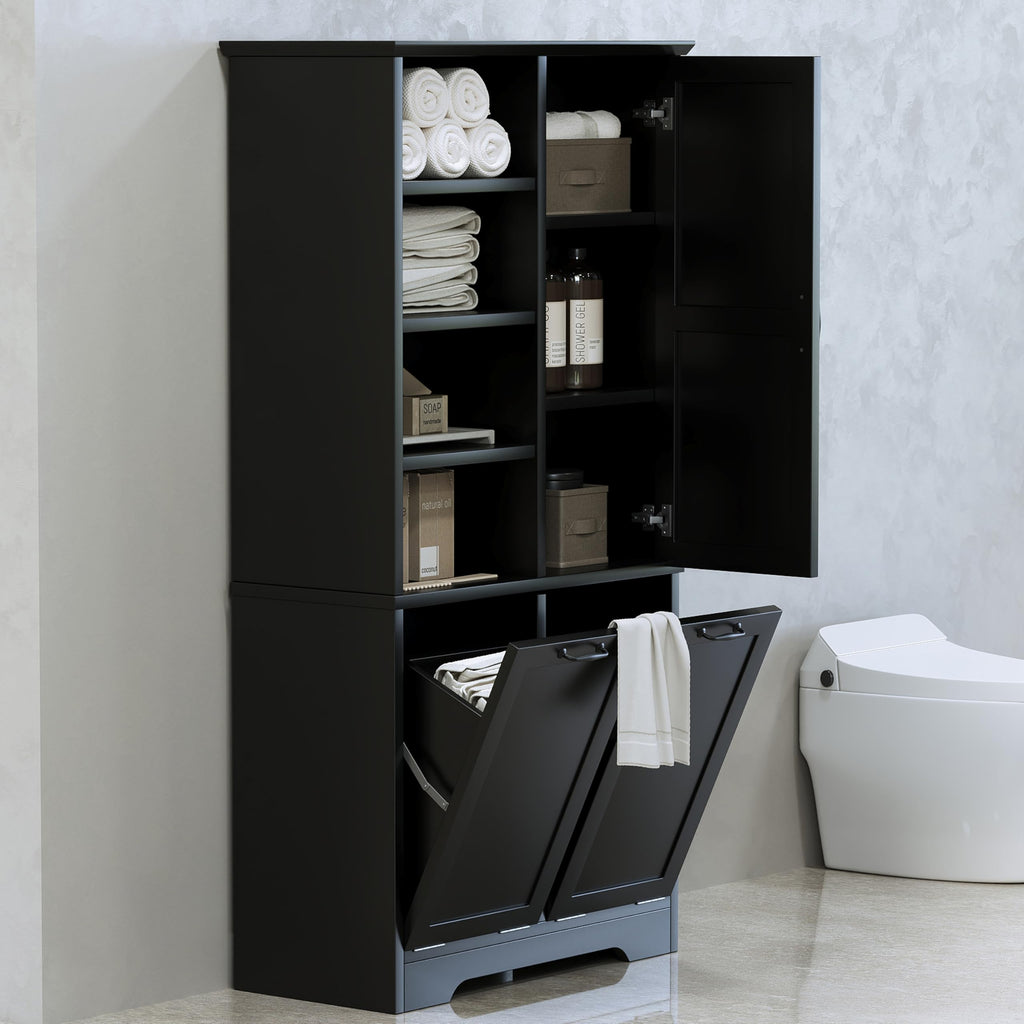Tall Storage Cabinet with Door and Open Shelf, Multi-Functional Laundry Hamper Basket Bathroom, Laundry Room, Black