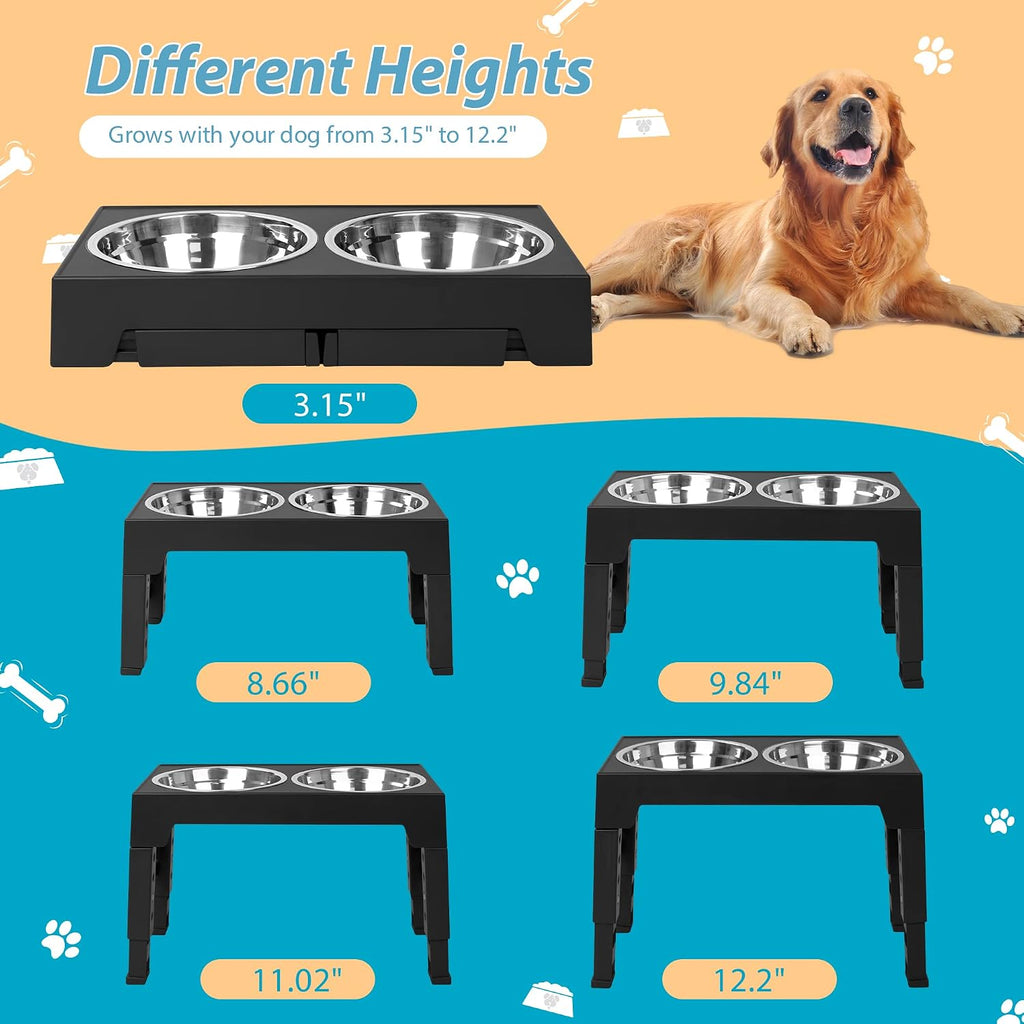 Elevated Dog Bowls with 2 Stainless Steel Dog Food Bowls, Raised Dog Bowl Adjusts to 5 Heights (3.15", 8.66"