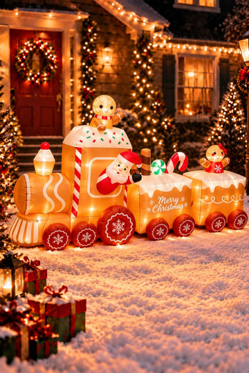 11FT Christmas Inflatable Gingerbread Train, 9 Lights for Lawn Decor