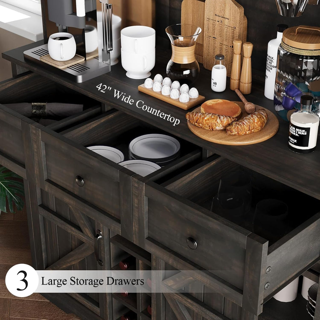 Tall Farmhouse Coffee Bar Cabinet with Wine Rack, Rustic Oak | Kitchen Pantry Storage Cabinet with 3 Drawers