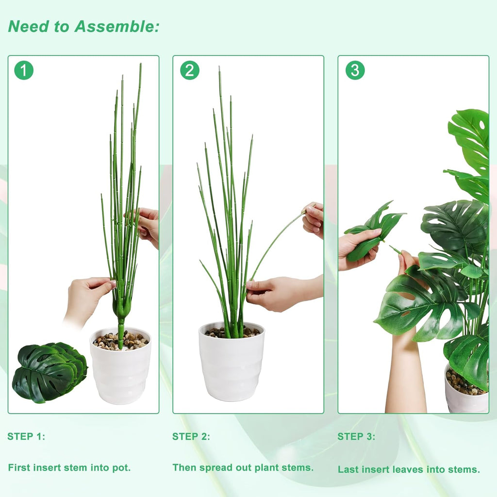 Set of 2 Artificial Monstera Deliciosa Plants in Pots, Fake Tropical Palm Tree with Greenery Leaves Stems, 28 Inch
