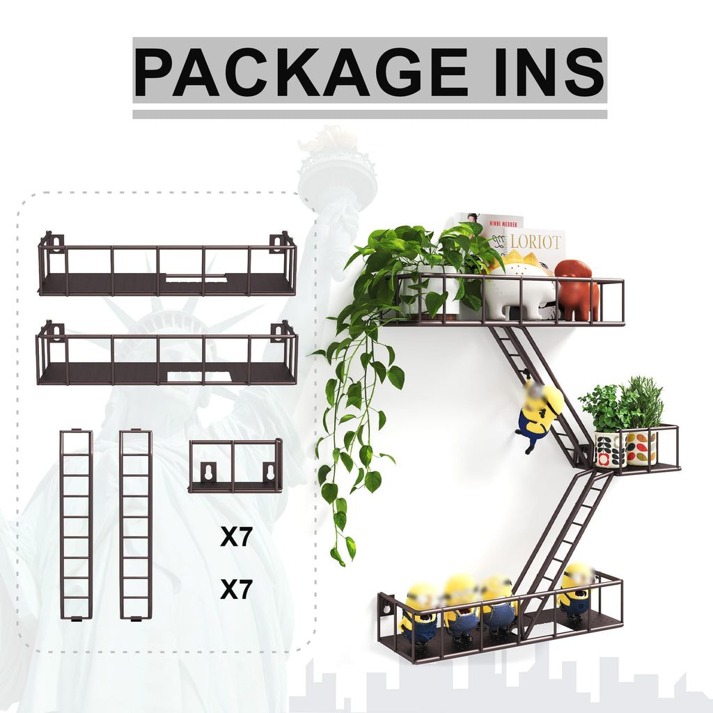 Fire Escape Shelf - 3 Tier Metal Coffe Fire Escape Wall Shelves with Baskets, New York Action Figurine Display Shelf