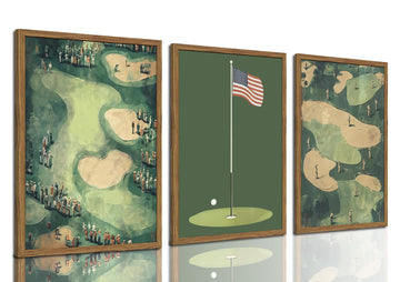 Vintage Golf Wall Art Set of 3, Mid Century Sports Wall Decor Paintings, Retro Green Golf Course Landscape Canvas