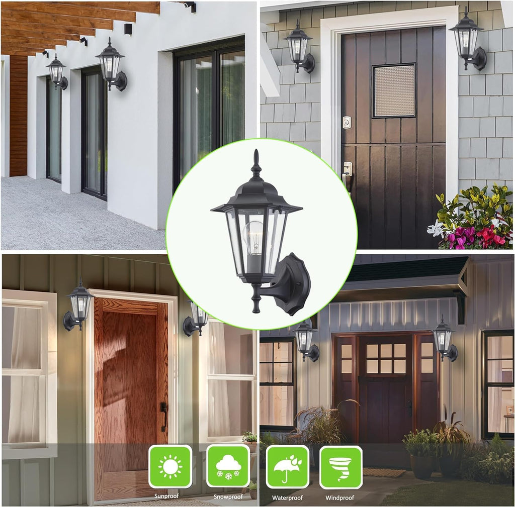2 Pack Outdoor Wall Light, Black Wall Sconce Porch Lighting Fixture, E26 Base 60W Max, Metal Housing Plus Glass, Wet