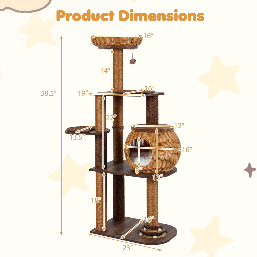 59.5-inch Tall Rattan Cat Tree, Multi-Level Modern Wooden Cat Tower