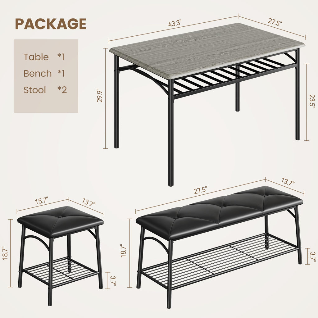 Dining Table with Benches, Kitchen Table Set for 4, Dining Room Table Set with Upholstered Bench and Square Stools