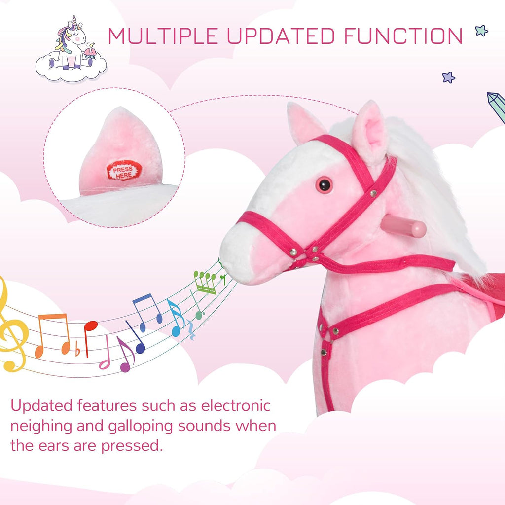 Kids Rocking Horse Plush Ride On Toy with Realistic Sounds, Pink