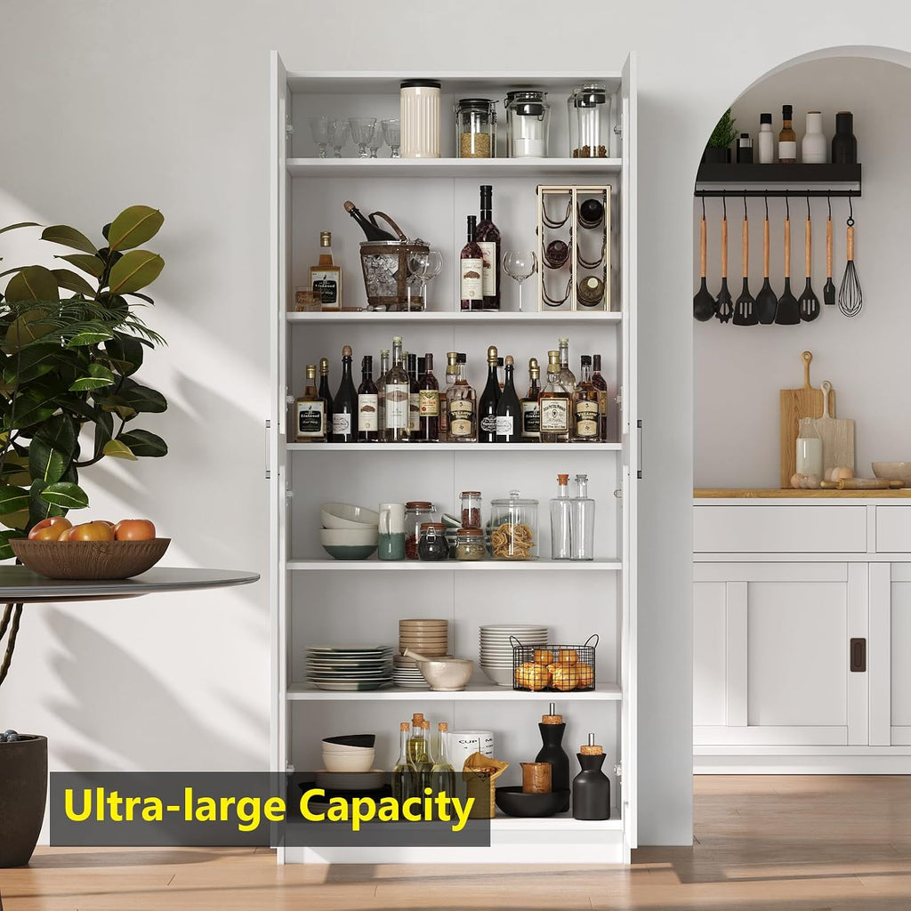 White Tall Kitchen Pantry Cabinet Organizers and Storage with Doors and Adjustable Shelves,Wood Large Gabinetes Para