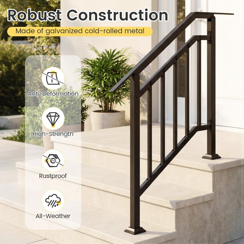 2 Pack Handrails for Outdoor Steps, 3-Step Galvanized Metal Hand Rails with Adjustable Angle, Heavy-Duty Indoor Stair