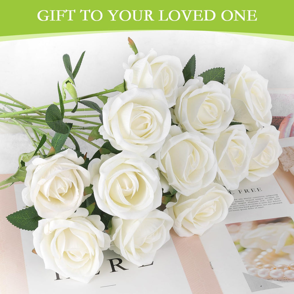 50 Pcs Artificial Roses, Realistic Silk Flowers Bulk, White