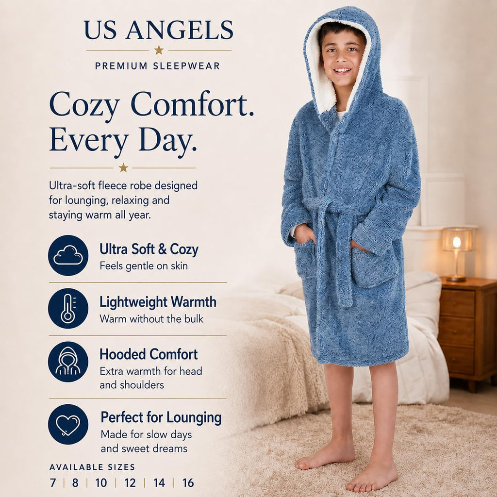 Hooded Plush Robe For Boys- Fluffy Winter PJ Robe With Pockets, Hoodie & Belt- Boys And Teens' Ultra-Soft Bathrobe