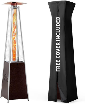 Patio Heater, 48,000 BTU Pyramid Flame Outdoor Heater with Cover, Quartz Glass Tube, 87" Hammered Bronze Tower